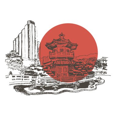 Pagoda Binası Vektör Çizimi olan Japon ya da Çin manzarası. El Çizimi Asya Şehir Görünümü