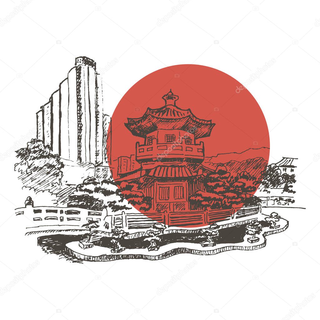 Japanese or Chinese Landscape with Pagoda Building Vector Sketched Illustration. Hand Drawn Asian City View Concept
