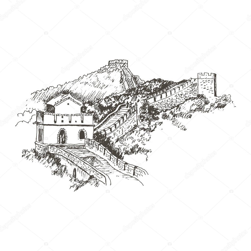 Great Wall of China with Series of Fortification Systems Vector Sketched Illustration. Hand Drawn Historical Ancient Place
