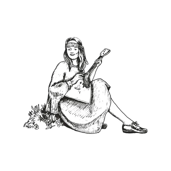 ロシアの伝統衣装を身に着けている少女 バラライカベクトルイラスト 手描き女性と民謡楽器 — ストックベクタ
