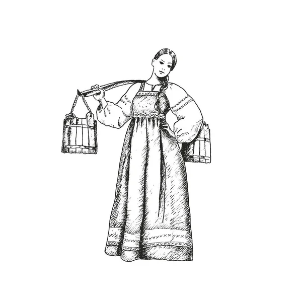 ロシアの伝統的な衣類を身に着けている女の子は 水ベクトルイラストで重いバケツを運ぶ 手描き女性と肩 Yoke Manana — ストックベクタ