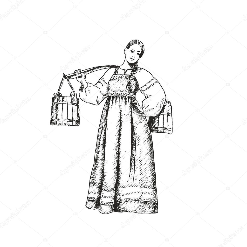 Girl Wearing Russian Traditional Clothing Carrying Heavy Buckets with Water Vector Illustration. Hand Drawn Female and Shoulder Yoke