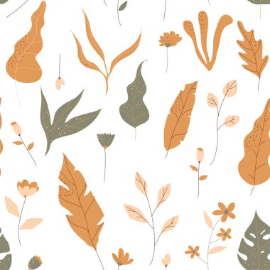 Şekillendirilmiş Yapraklar ve Kusursuz Şekilde Flora Şekilleri. Kumaş Tekstili için Moda Yazıcı