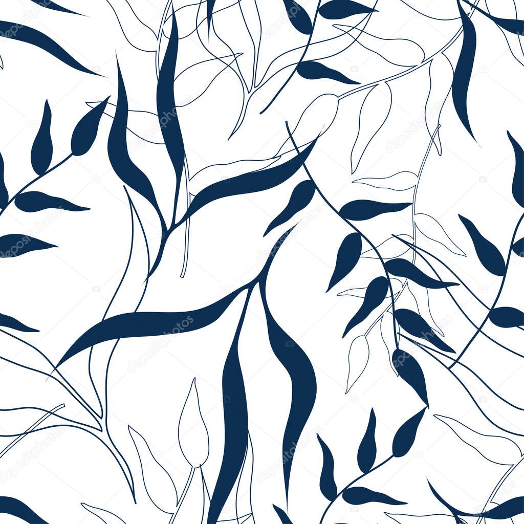 Seamless Pattern with Blue Leafy Entangled Branches in Vector. Trendy Print for Wallpaper and Textile