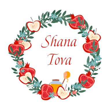 Rosh Hashana ya da İbrani Yeni Yıl Sembolleri Dairesel Çelenk Vektör İllüstrasyonu ile düzenlenmiştir. Geleneksel Rosh Hashana Öznitelikleri Elma ve Nar Gibi