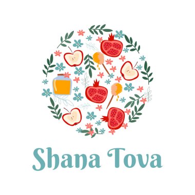 Rosh Hashana ya da İbrani Yeni Yıl Sembolleri Dairesel Çelenk Vektör İllüstrasyonu ile düzenlenmiştir. Geleneksel Rosh Hashana Öznitelikleri Elma ve Nar Gibi