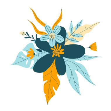 Çiçekler ve Dallar Vektör Kompozisyonu ile renkli bir buket. Şekillendirilmiş Yapraklar ve Dallarla Şekillendirilmiş Çiçek Çetesi