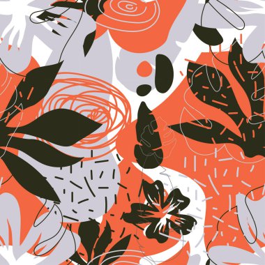 Egzotik Soyut Flora ve Değişken Şekiller Duvar kağıtları ve Vektör Tekstil Parmak İzleri İçin Kusursuz Desen. Modern Arkaplanda Süslü Tropik Yapraklar