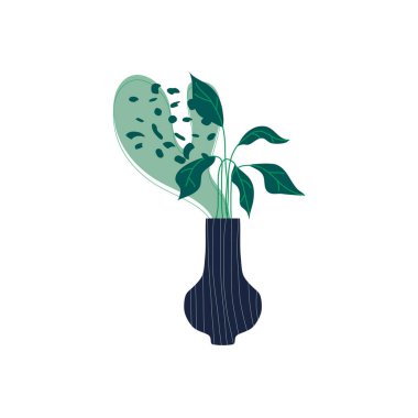 Seramik vazo taşıyıcı bileşiminde dinlenen egzotik palmiye yaprakları. Ekolojik Tarzda Tasarım İçin Moda Botanik Kolajı