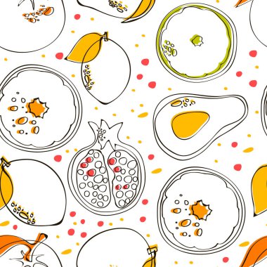 Meyveli ve meyveli Doodle vektörsüz desen. Duvar kağıtları ve Tekstil için Parlak Tasarım