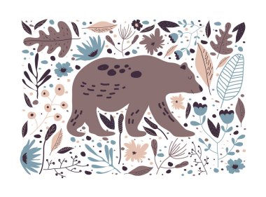 Forest Vector Illustration 'da Ayı Adımlı Dikdörtgen Çiçek Posteri. Vahşi Hayvan Posteri ve Orman Botaniği