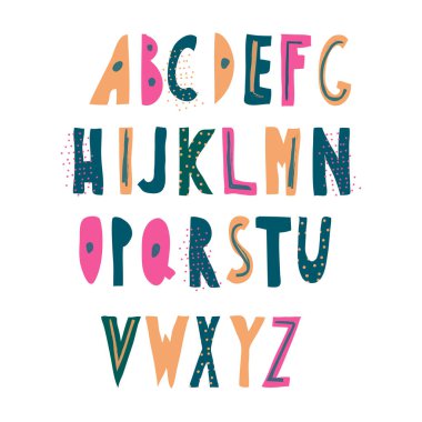 Noktalı ve Çizgili Süslü Yazı Tipi Doodle Harfleri Vektör Kümesi. Harfler için Typographic İngilizce Karakterleri