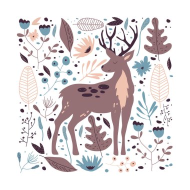 Geyik Vektörü Eli Çizimi. Boynuzlu Vahşi Hayvan İskandinav tarzında çizilmiş. Çok Renkli Yapraklar ve Çiçekler Posterinde Duran Ren Geyiği Karakteri