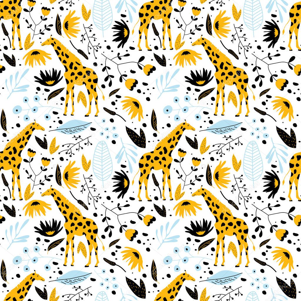 Giraffe with Long Neck and Rainforest Foliage Vector Seamless Pattern. Flora and Fauna Wallpaper Design