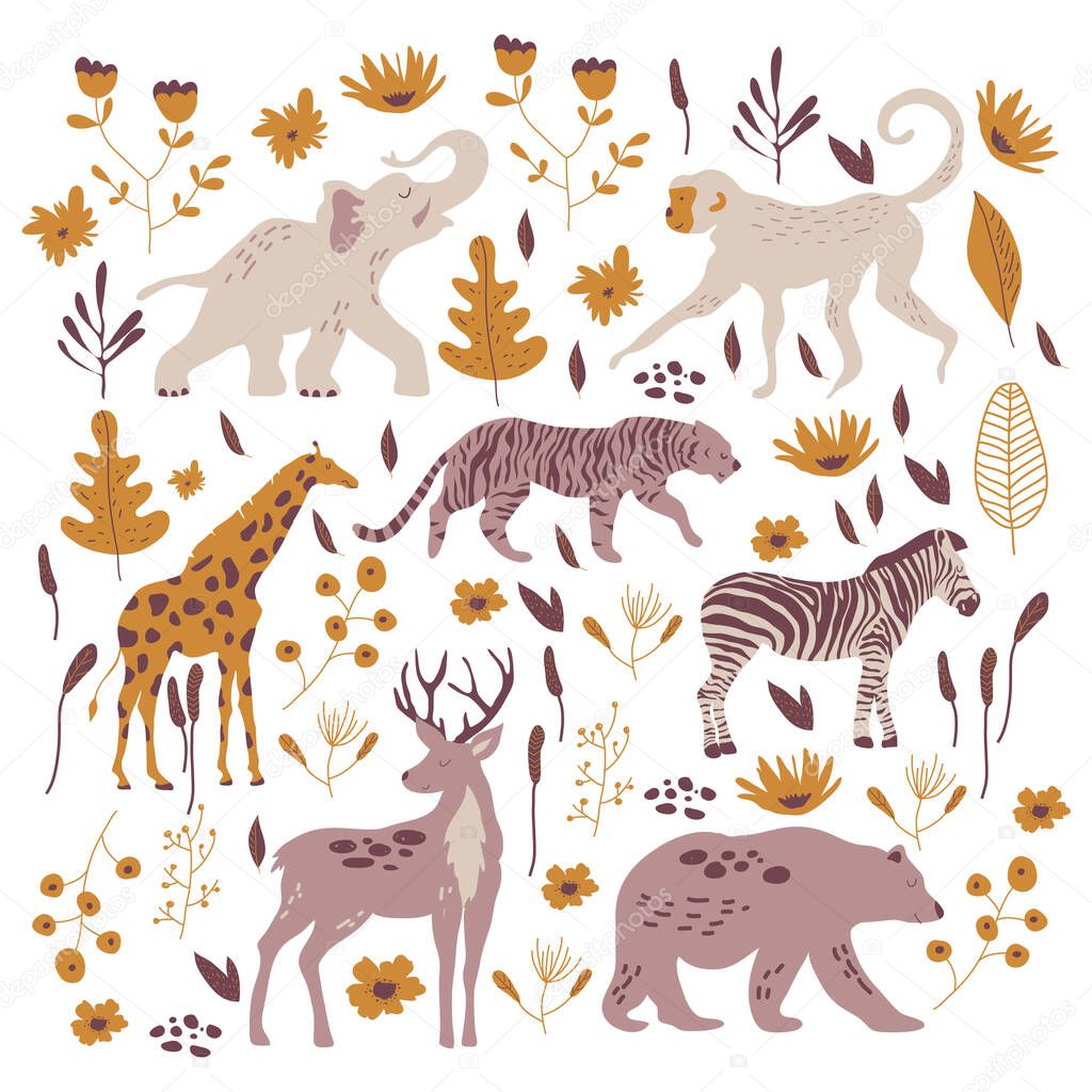 African Stylized Animals Standing Among Jungle Plants and Foliage Vector Set. Zoo Beasts Walking Around