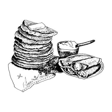 Blinis Yığını ya da Ekşi Krema Vektörü İllüstrasyonlu Masa Üzerine Yığılmış Krepler