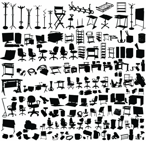 Het kantoormeubilair instellenin pictogrammen zwarte silhouetten op witte achtergrond — Stockvector