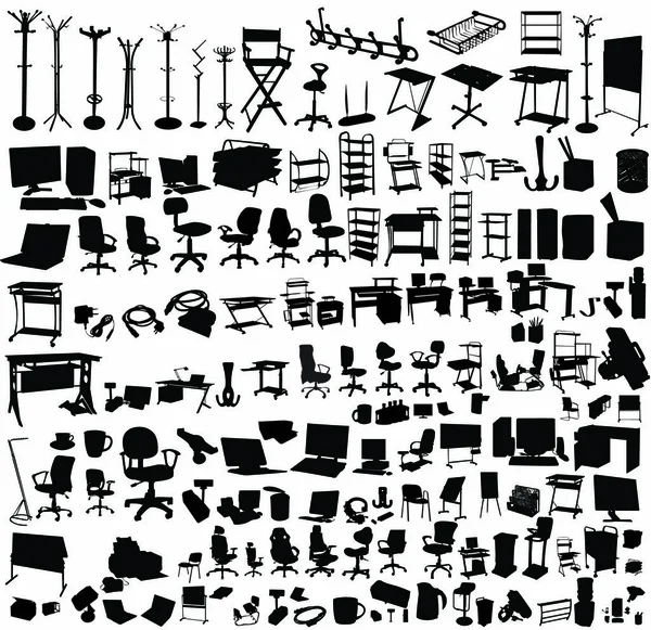 Office's furniture set icons in black silhouettes on white background Vector Graphics