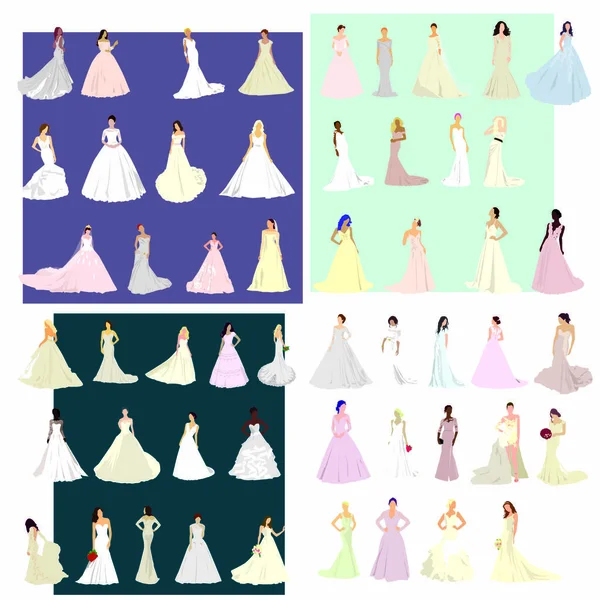 Wedding Dresses Set White Color Background — Stock Vector