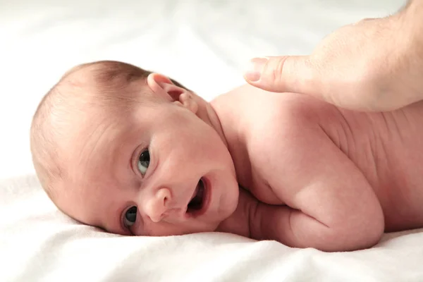 Die Hand des Vaters streichelt ein Neugeborenes auf einem weißen Bett — Stockfoto