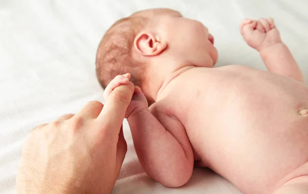Neugeborenes Baby hält den Finger des Vaters, Ansicht von oben — Stockfoto