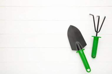 Beyaz ahşap arka planda fotokopi alanı olan bahçe aletleri. Bahar konsepti