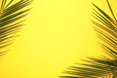 Sarı zemin üzerinde yeşil palmiye yaprakları kopyalama alanı ile