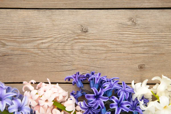 Gri ahşap arka planda bir demet sümbül çiçeği. Bahar konsepti