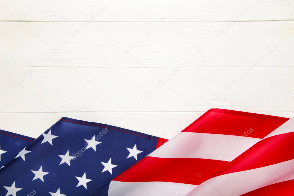 American flag on white wooden background. Independence day