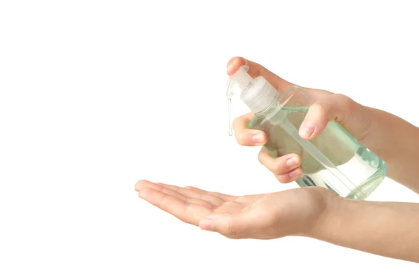 Woman Uses Sanitizer Her Hands Cleaning Hands Prevent Corona Virus — Stock Photo, Image