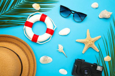 Mavi arka planda palmiye yaprakları olan plaj aksesuarları. Üst görünüm