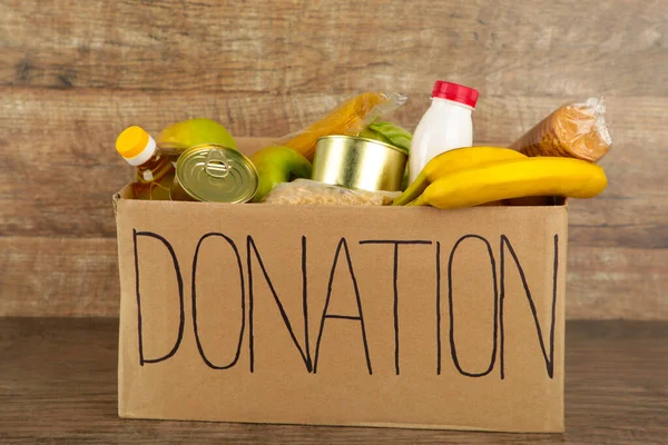 Caja Donaciones Con Comida Fondo Del Broun Vista Superior — Foto de Stock