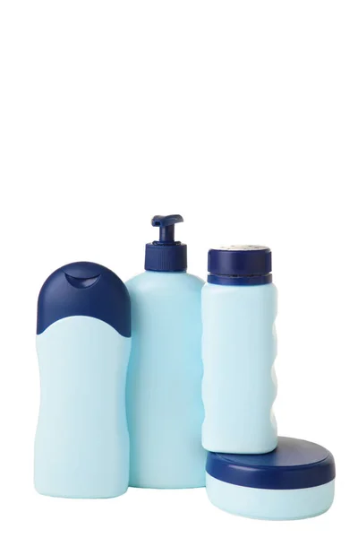 蓝色化妆品瓶隔离在白色背景上 一套瓶子 — 图库照片