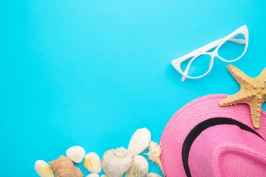 Mavi arka planda palmiye yaprakları ve fotokopi alanı olan plaj aksesuarları. Üst görünüm