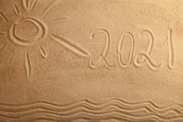 2021 New Year Text Sand Background Top View — Stock Photo, Image