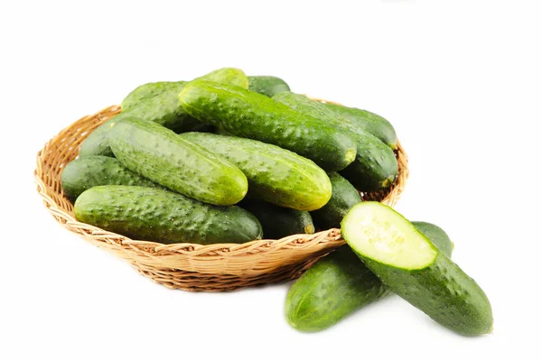 Fresh Cucumbers Basket Isolated White Background Top View — Stock Photo, Image