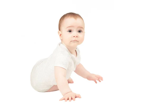 Happy Child Sitting Floor Isolated White Background Top View — Stock Photo, Image