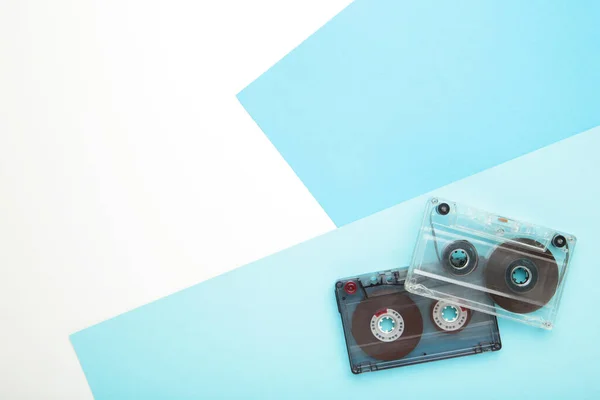 Old Cassettes Blue Background Top View — Stock Photo, Image