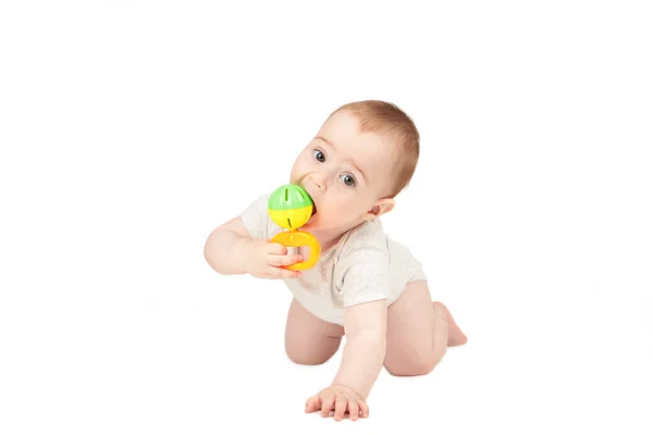 Cute Baby Girl Playing Rattle Isolated White Background Top View — Stock Photo, Image