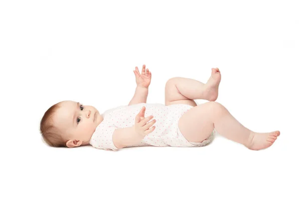 Happy Baby Lying Isolated White Background Top View — Stock Photo, Image