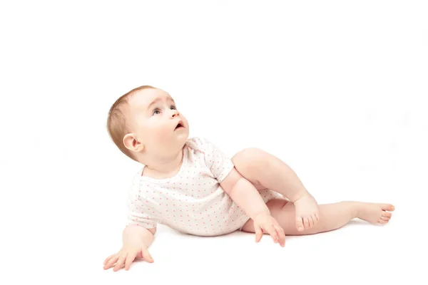 Happy Baby Lying Isolated White Background Top View — Stock Photo, Image