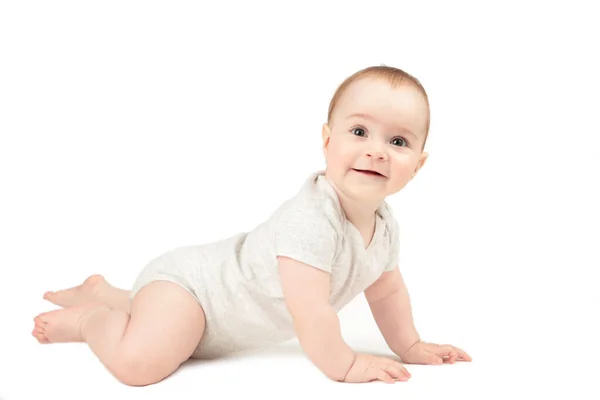 Funny Crawling Baby Girl Isolated White Background Topview — Stock Photo, Image