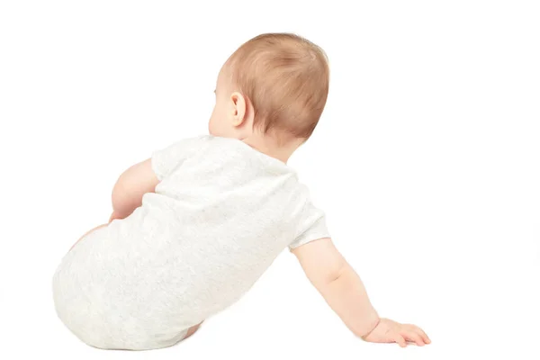 Infant Baby Sitting Backwards White Background Top View — Stock Photo, Image