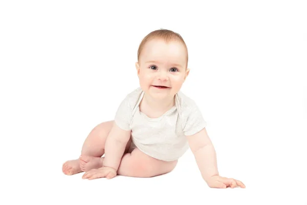 Happy Child Sitting Floor Isolated White Background Top View Stock Image