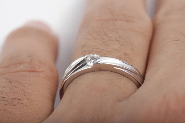 Man Holding White Gold Engagement Diamond Ring — Stock Photo, Image