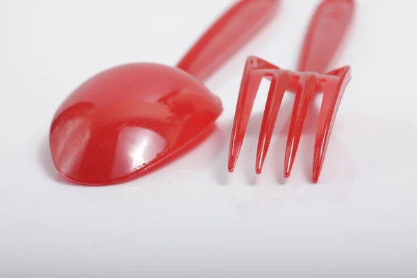 Red Plastic Cutlery Isolated White Background — Stock Photo, Image