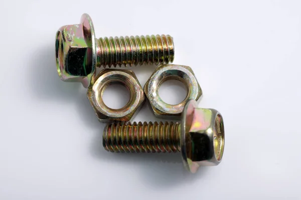 Close Shot Bolt Nut White Isolated Background — Stok Foto