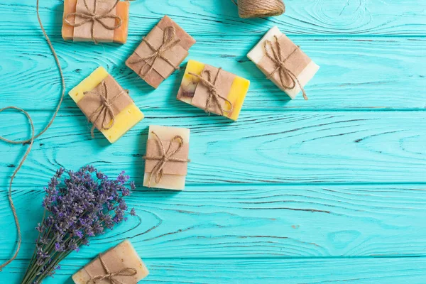 Sapone Naturale Fatto Mano Con Lavanda Foto Spa Sfondo Rustico — Foto Stock