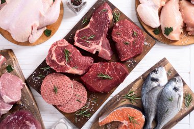 Et ve deniz ürünleri çeşitleri. Sığır, tavuk, balık ve domuz eti.