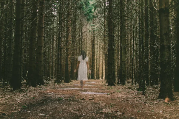 Vrouwelijke geest lopen op blote voeten door het bos in witte jurk — Stockfoto